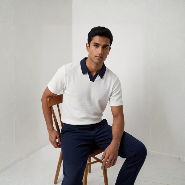The Waffle Polo - Ivory & Navy